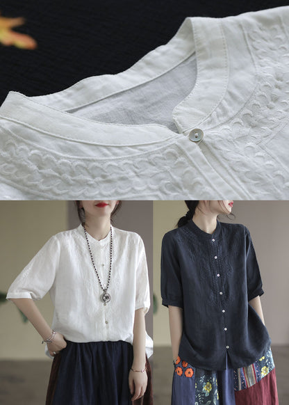 Navy Cotton Shirts Stand Collar Embroideried Half Sleeve