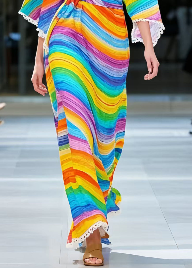 Rainbow V Neck Striped Chiffon Dress Summer