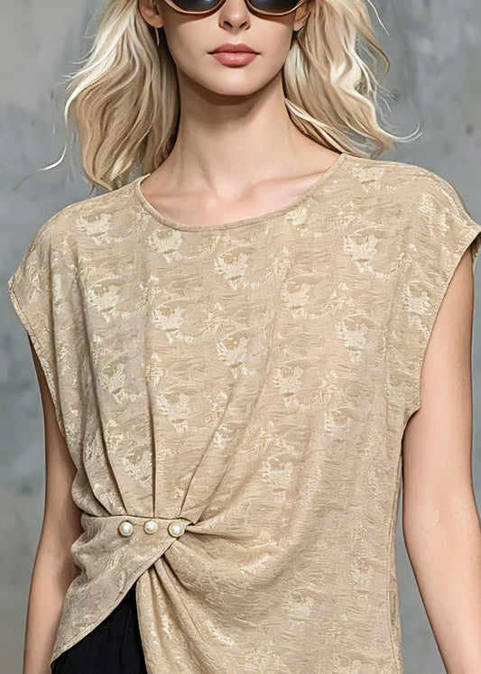 Classy Khaki Wrinkled Nail Bead Tops Short Sleeve