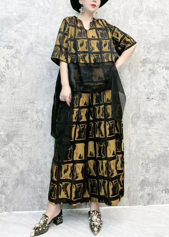 Loose Gold Ruffled Print Tops and Pants Cotton Two Pieces Set Summer