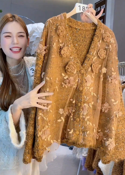 Caramel Oversized Decorated Knit Cardigan Winter