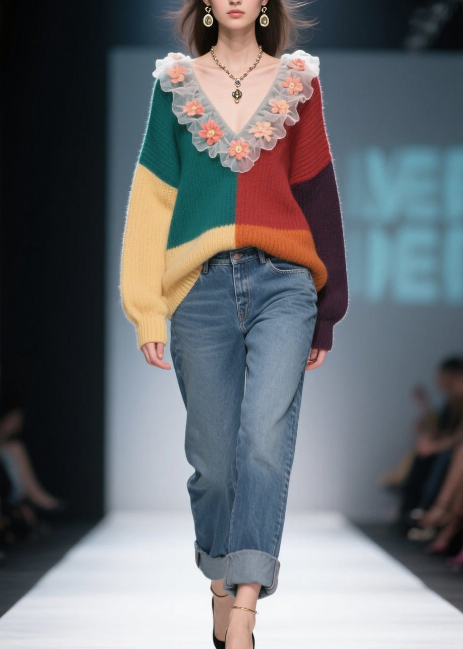 Natural Colorblock Ruffled Knit Sweaters Winter