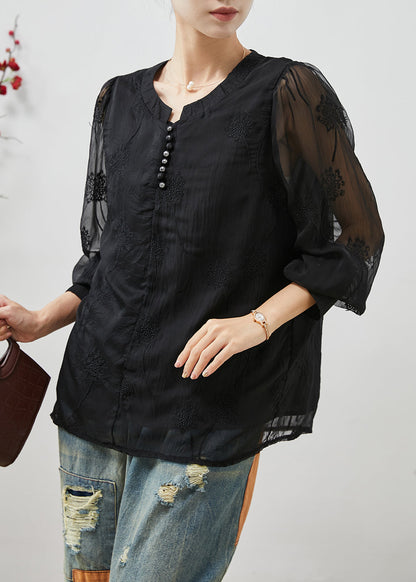 Black Embroidered Linen Silk Shirt Top Summer