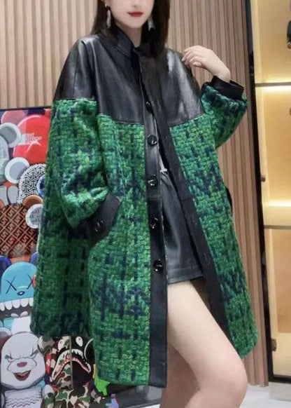Green Stand Collar Pockets Patchwork Sheepskin Woolen Coat Outwear Spring
