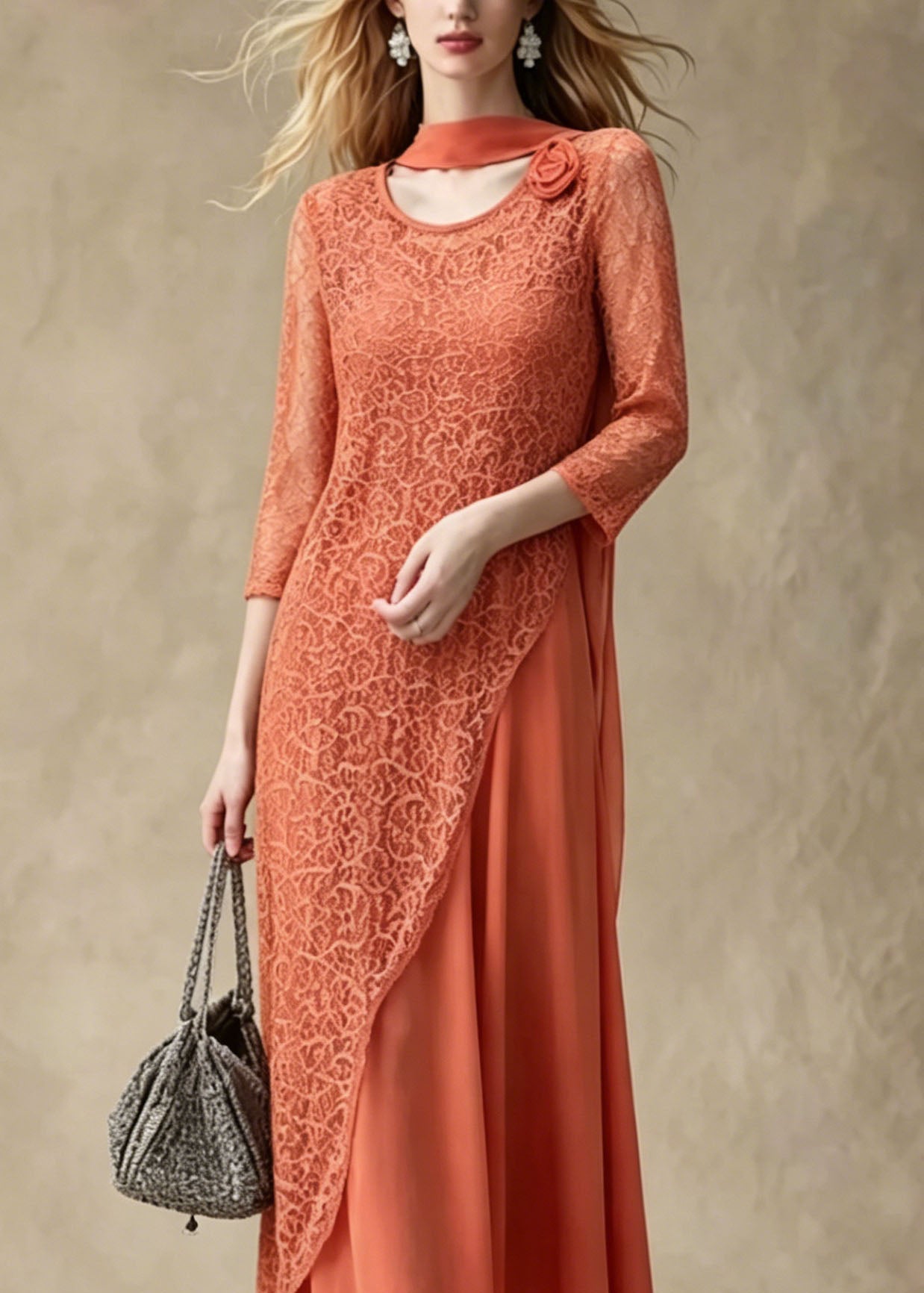 Orange Asymmetrical Lace Long Smock and Chiffon Dress 2 Piece Outfit Summer