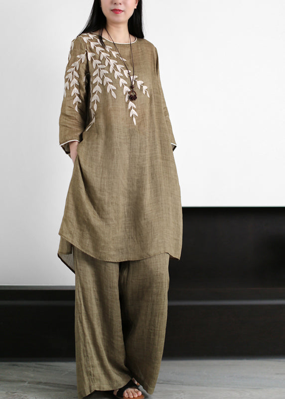 Chocolate Green O-neck Leaf Embroideried Side Open Linen Two Pieces Set Summer