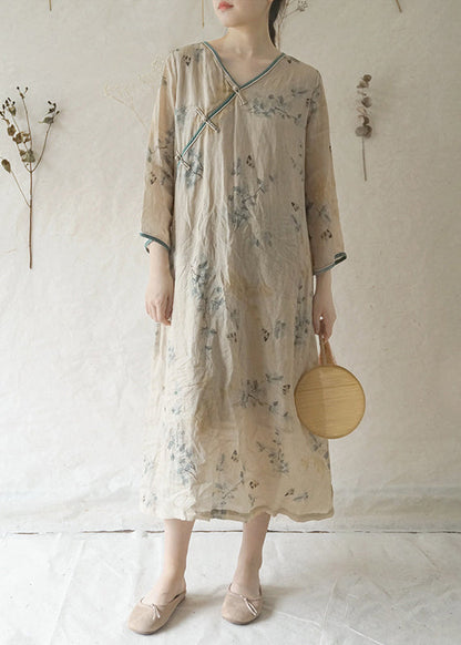 Beige V Neck Print Patchwork Linen Long Dresses Long Sleeve