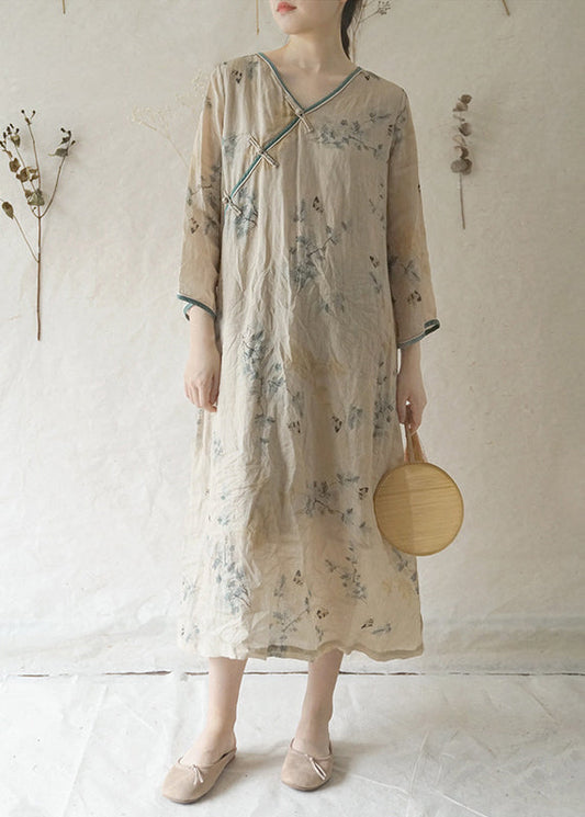 Beige V Neck Print Patchwork Linen Long Dresses Long Sleeve
