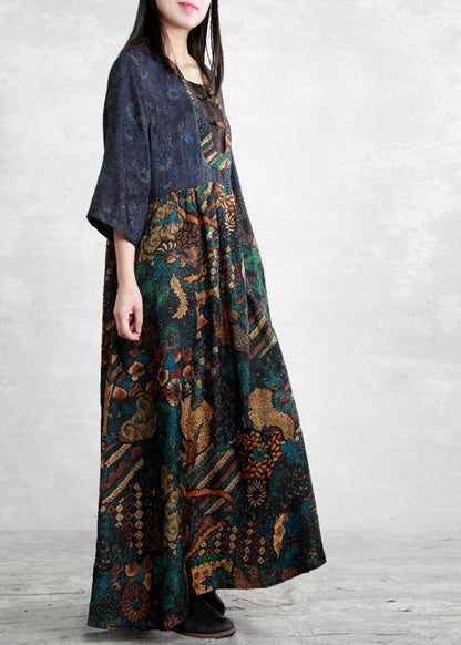 Blue Wrinkled Pockets Patchwork Long Dress Three Quarter Sleeve