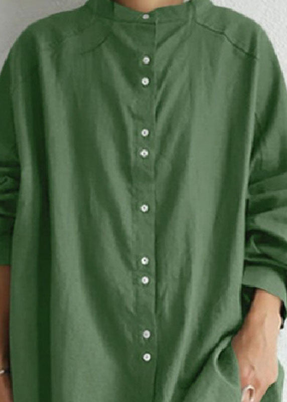 Green Stand Collar Patchwork Cotton Shirt Tops Spring