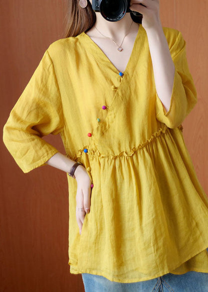 Yellow V Neck Button Fall Blouses Half Sleeve