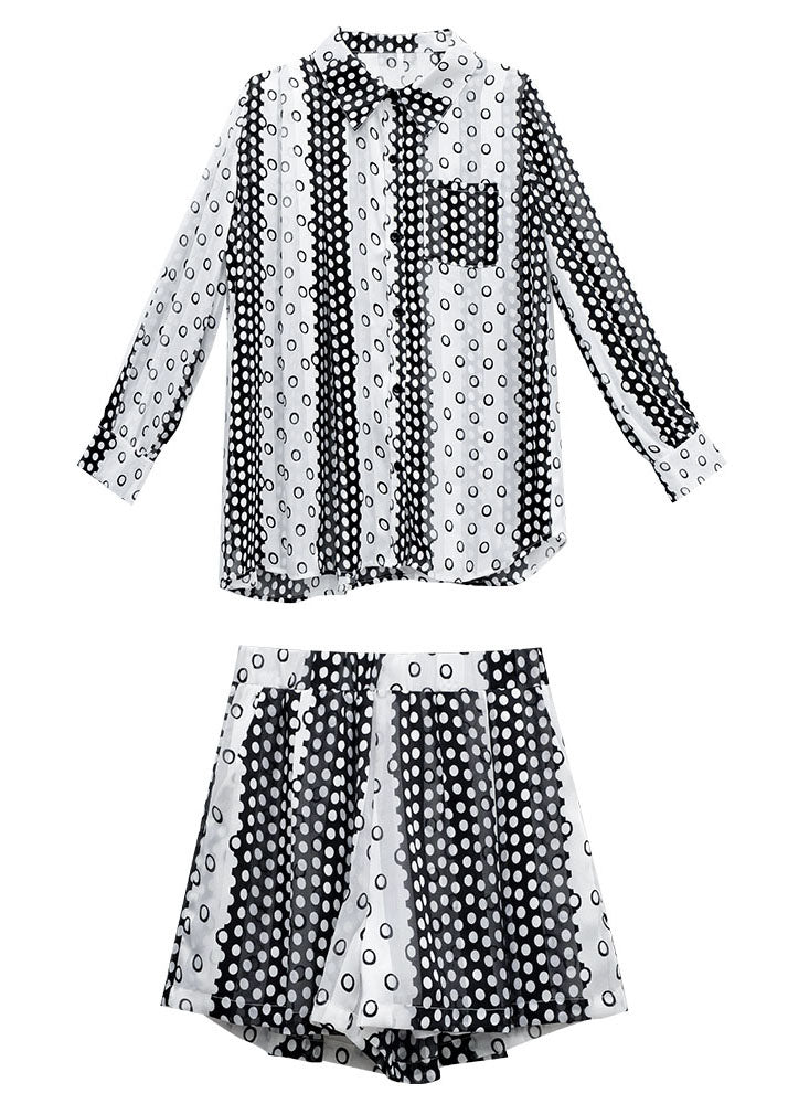 Stylish Black Peter Pan Collar Dot Print Chiffon Long Shirts and Shorts Two Piece Set Short Sleeve