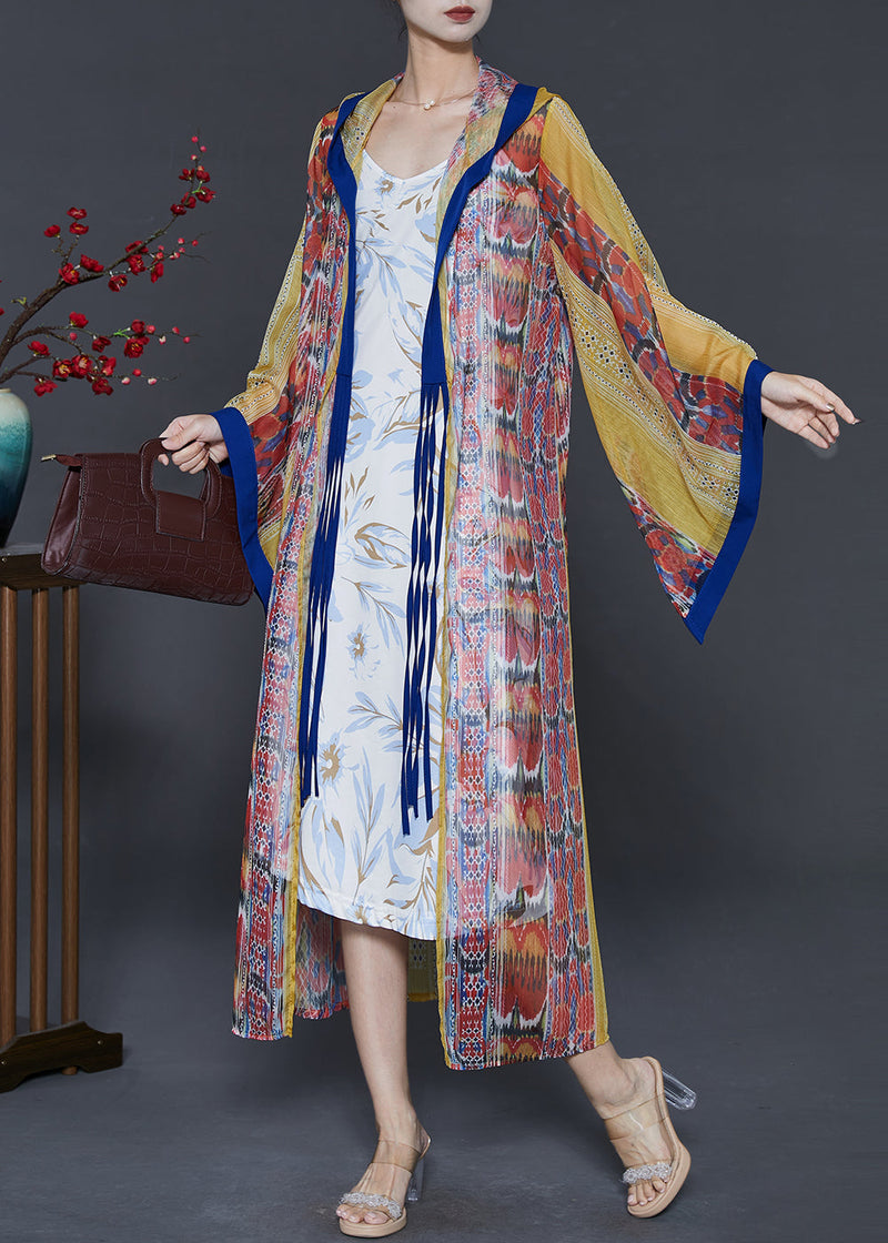 Yellow Hooded Print Chiffon Upf 50+ Cardigan Summer