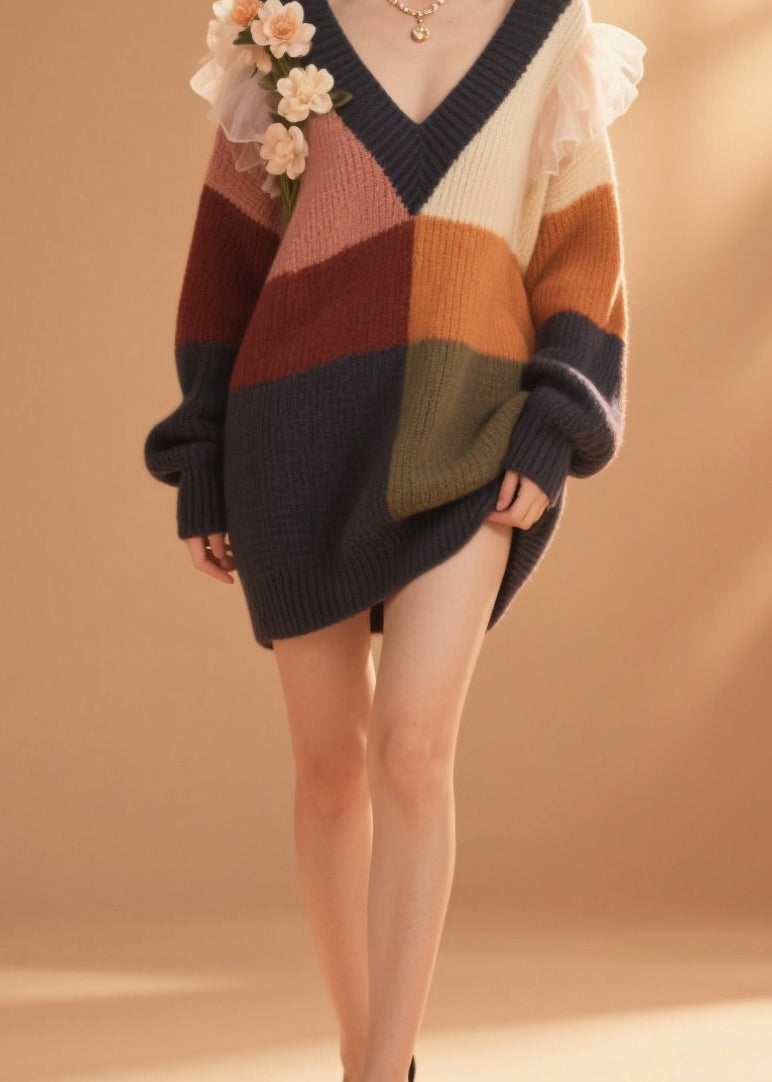 Diy Colorblock V Neck Ruffled Knit Sweater Dress Fall