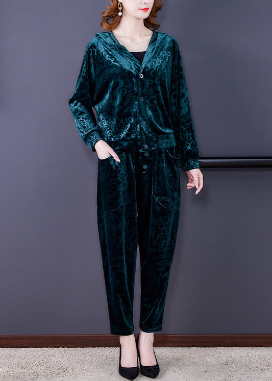 Green Zip Up Silk Velour Coats and Harem Pants Two Pieces Set Long Sleeve Spring