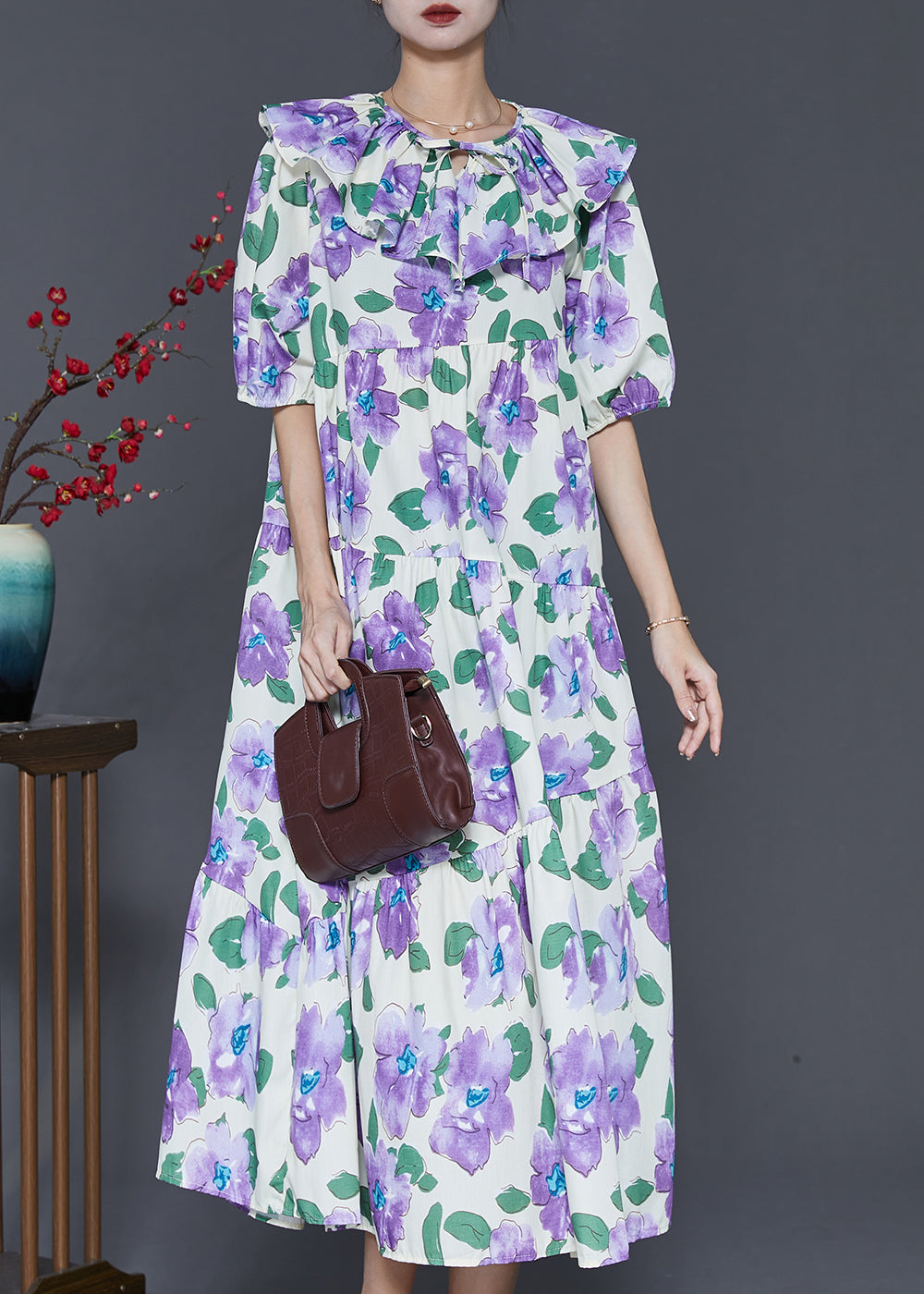 French Purple Peter Pan Collar Cotton Maxi Dresses Summer