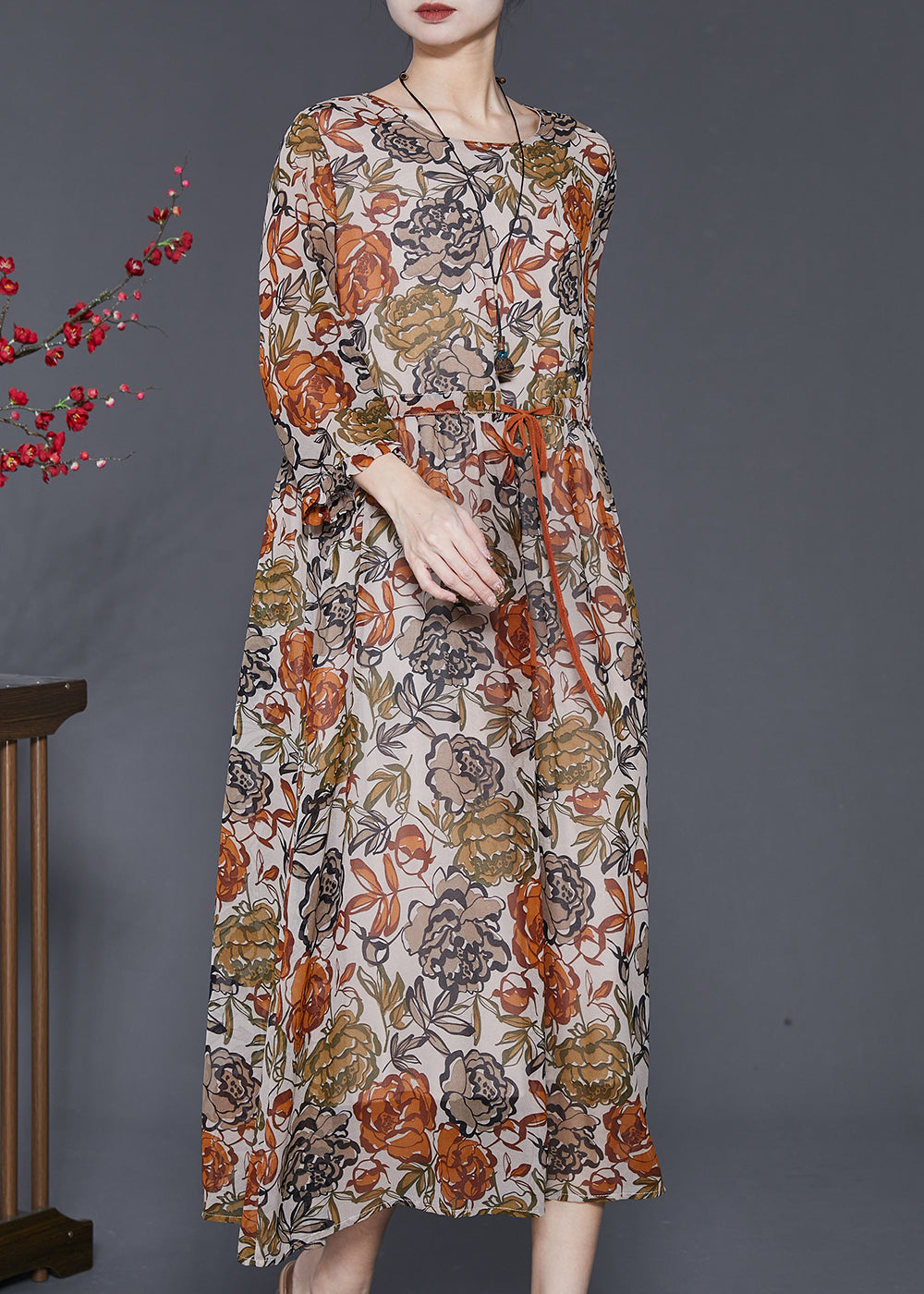 Khaki Cinched Print Silk Dress Bracelet Sleeve