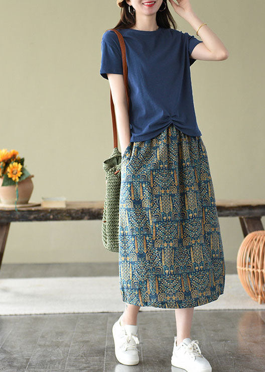 Blue Elastic Waist Pockets Print Linen Skirts Summer