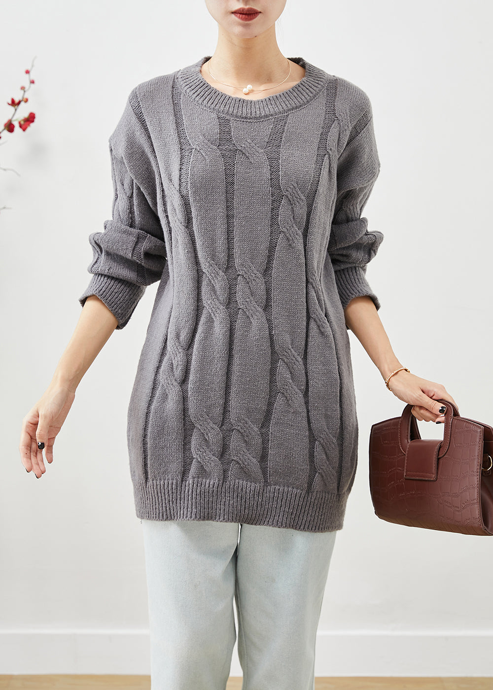 Diy Grey Oversized Thick Cable Knit Sweater Tops Winter