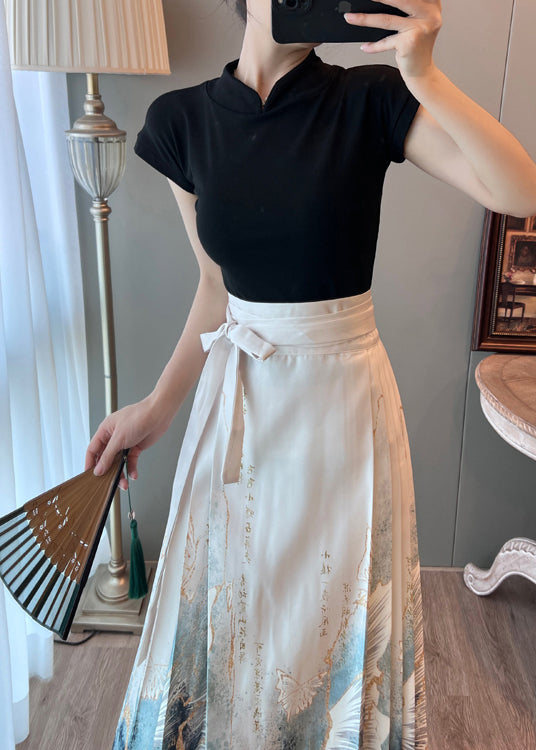 White High Waist Print Satin Pleated Skirts Summer