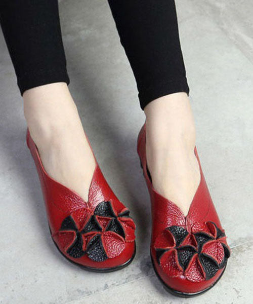 Red Flat Feet Shoes Cowhide Leather Splicing
