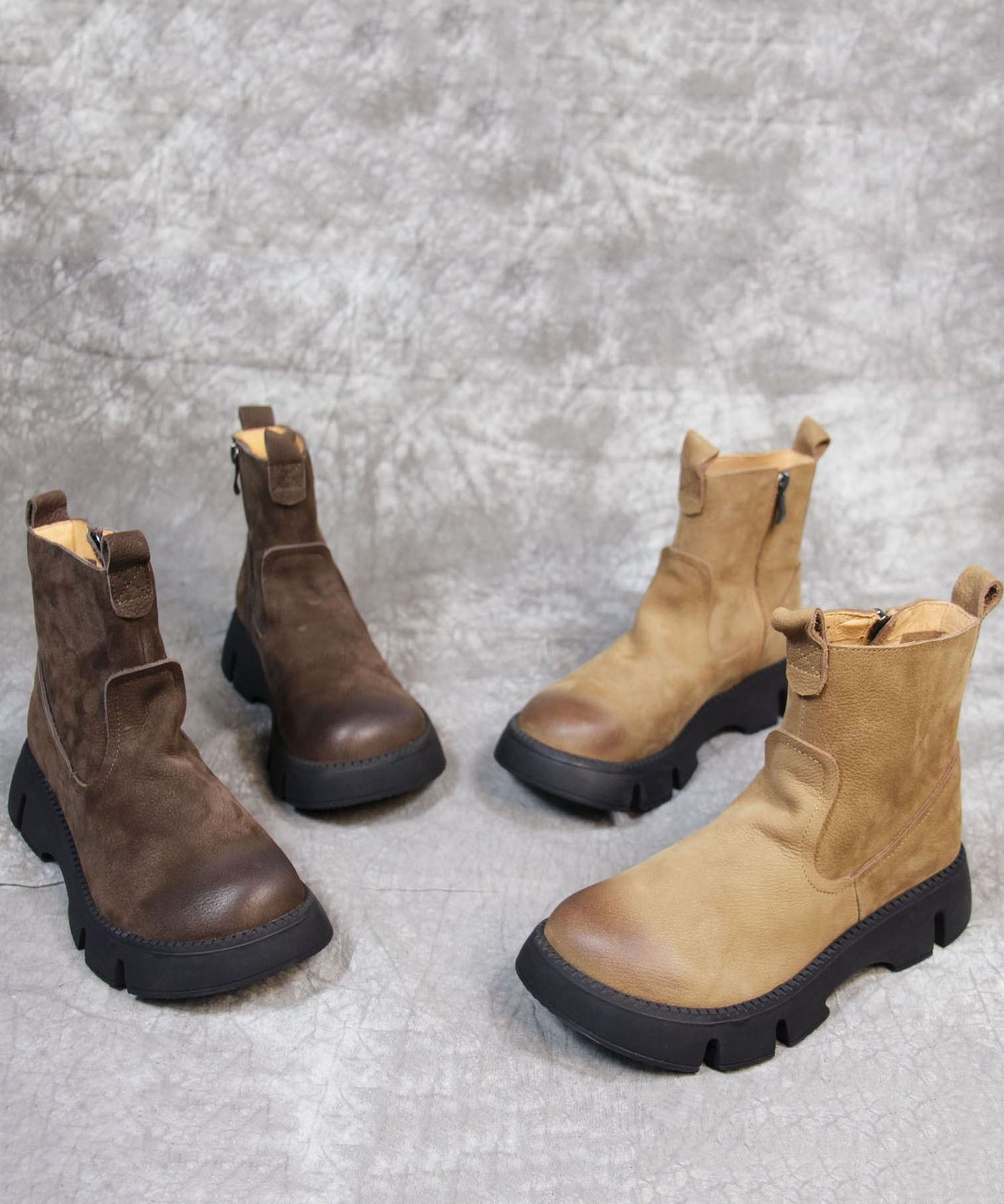 Khaki Boots Platform Zippered Cowhide Leather Boots