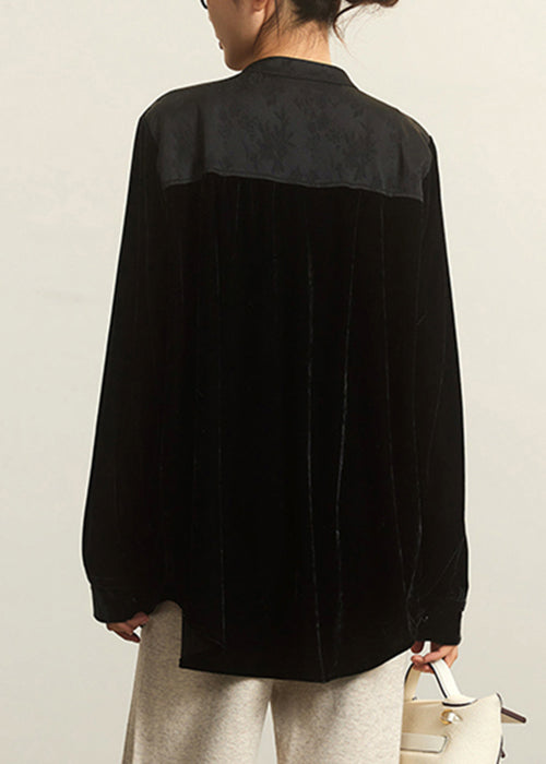 Loose Black Stand Collar Button Patchwork Silk Velour Top Long Sleeve Spring