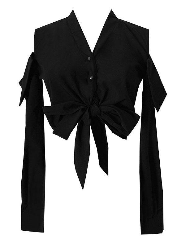 Organic Black Cold Shoulder V Neck Long Sleeve Top