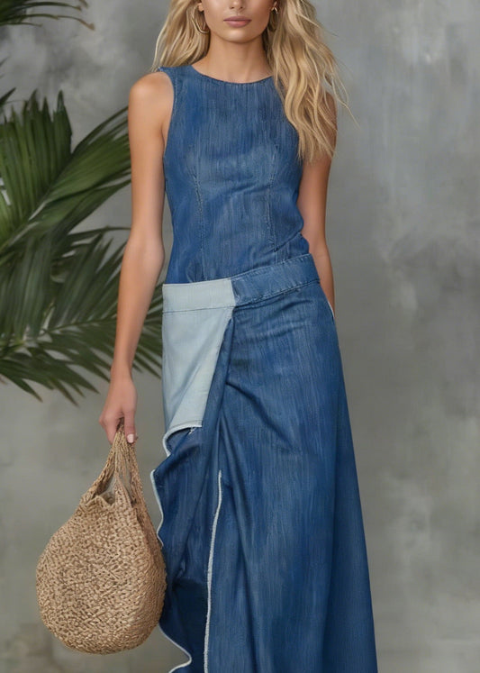 Plain Spliced Sleeveless Maxi Denim Dress