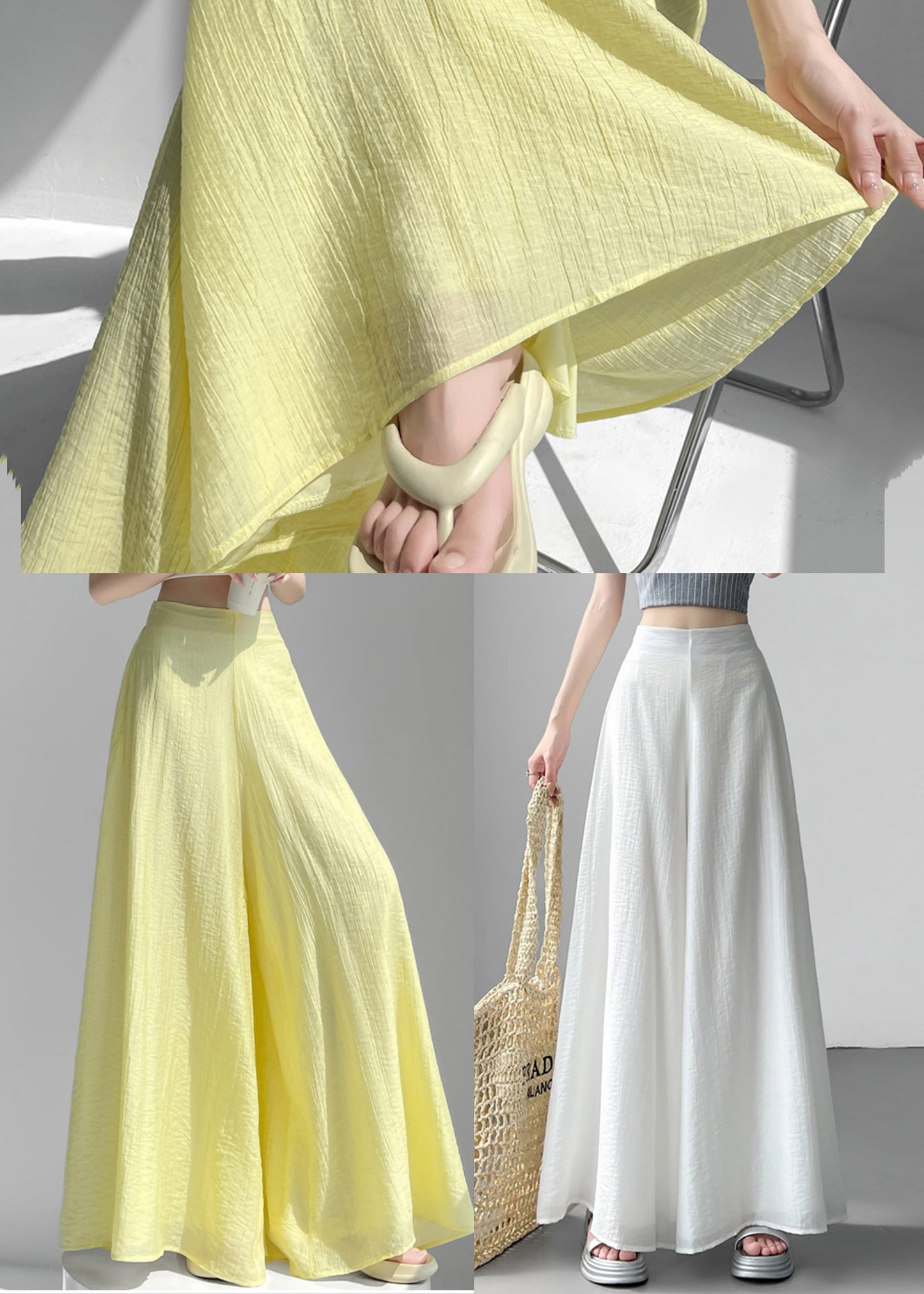 Yellow High Waist Linen Silk Wide Leg Pants Summer