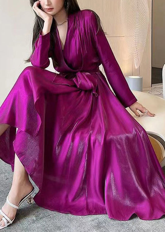 Rose V Neck Tie Waist Silk Long Dress Spring
