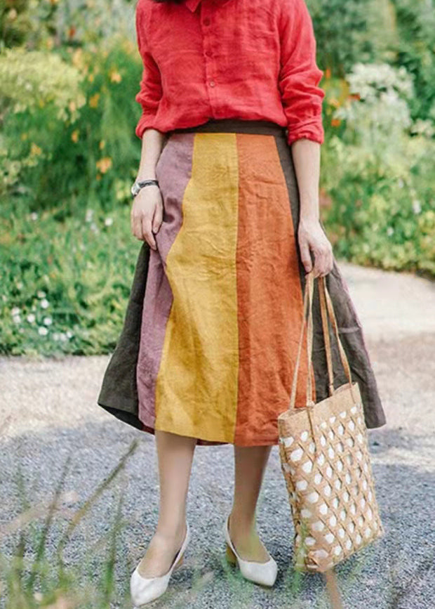 Orange Elastic Waist Patchwork Linen a Line Skirt Spring