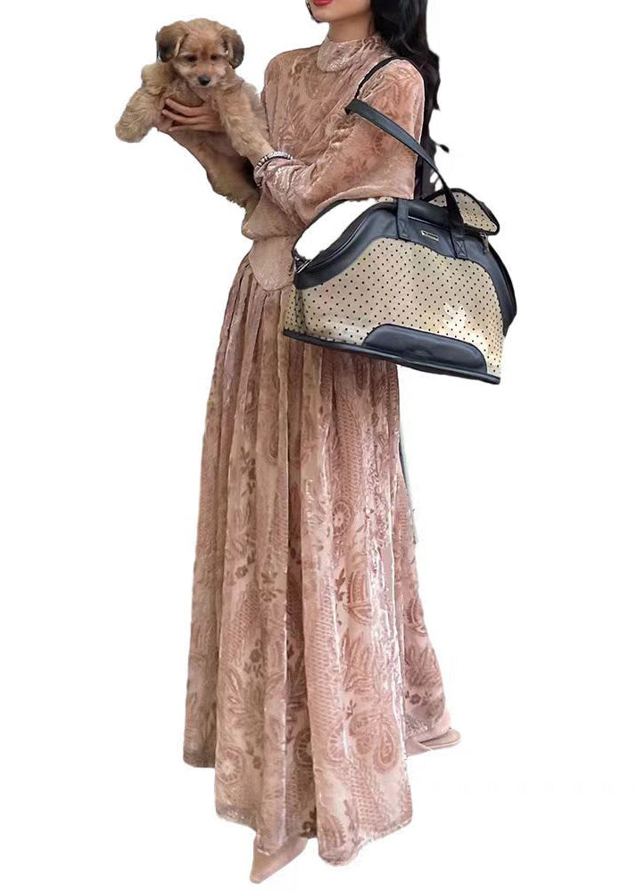French Pink Turtleneck Print Silk Velour Long Dress Long Sleeve