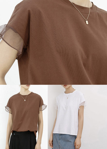White O-neck Ruffled Cotton T Shirt Short Sleeve