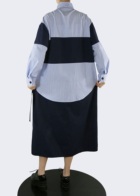 Handmade Blue Pockets Peter Pan Collar Striped Patchwork Shirt Dresses Spring