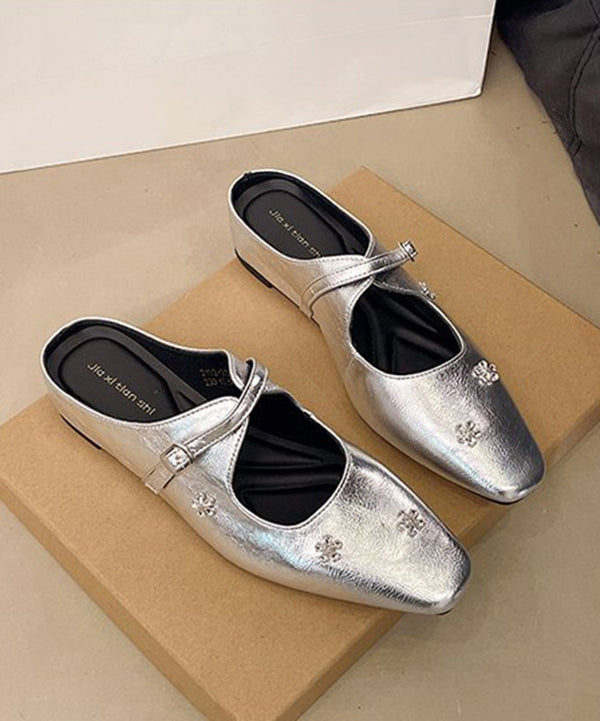 Splicing Silver Faux Leather Slide Sandals Zircon