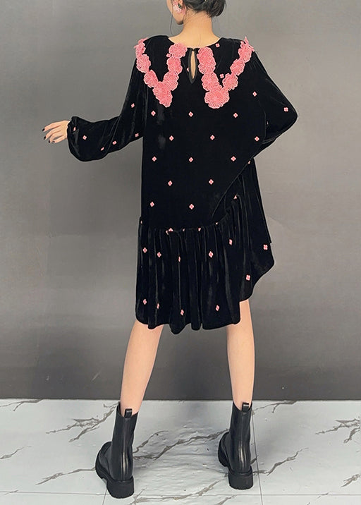 French Black Wrinkled Patchwork Jacquard Velour Dress Fall