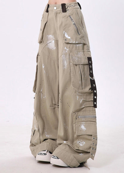 Italian Khaki Oversized Pockets Cotton Wide Leg Pants Fall