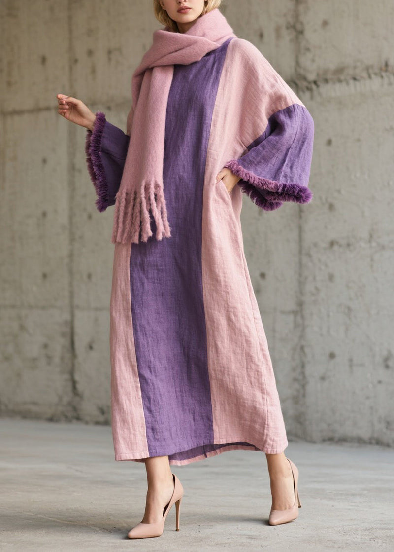 Colorblock Fuzzy Fur Patchwork Cotton Dress Fall