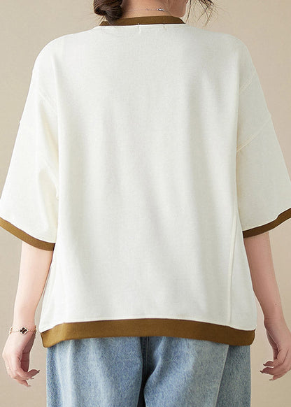 Loose Red O-neck Patchwork Tops Half Sleeve