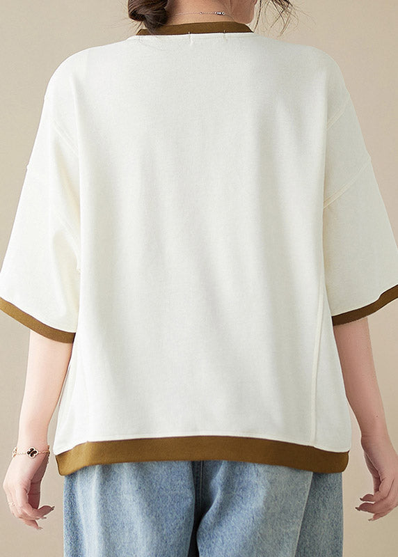 Loose Red O-neck Patchwork Tops Half Sleeve