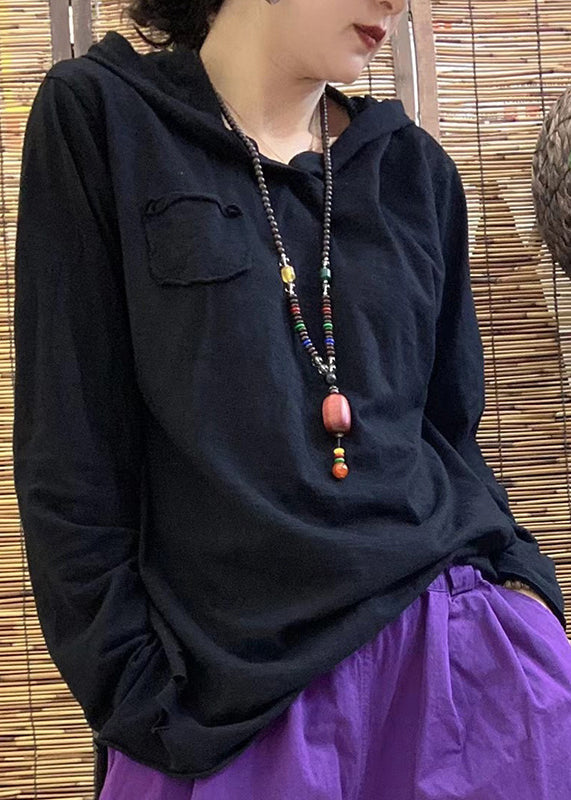 Black Hooded Side Open Hole Cotton Top Long Sleeve