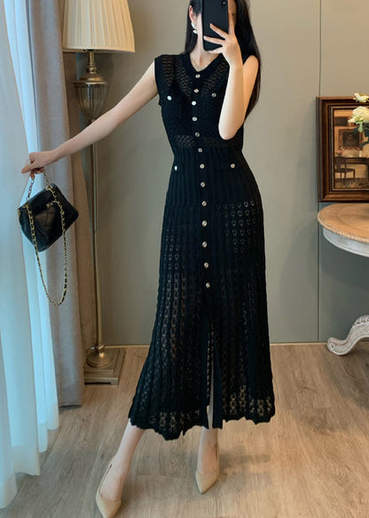 Black Hollow Out Single Breasted Buttons Knit Long Dress Sleeveless