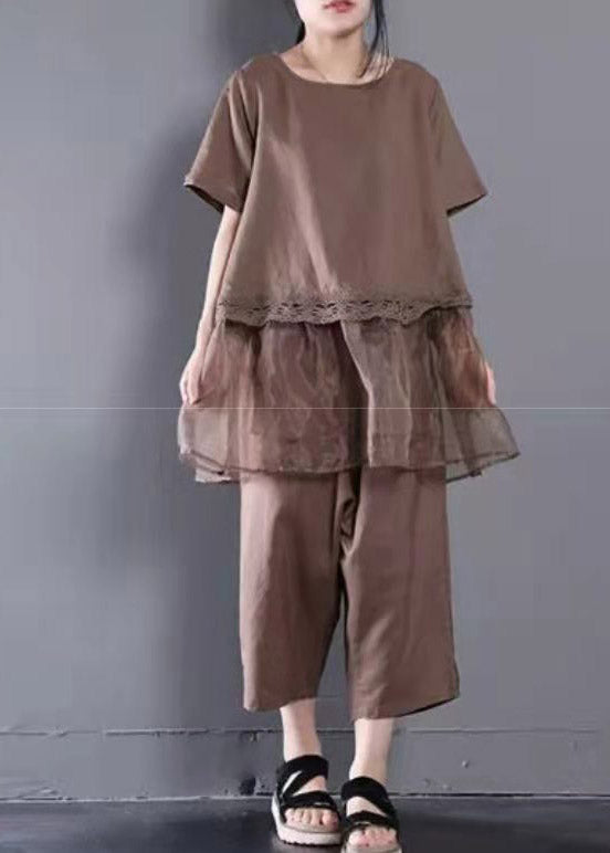 Loose Baggy Chocolate O-neck Top and Crop Pants Two Pieces Set Summer