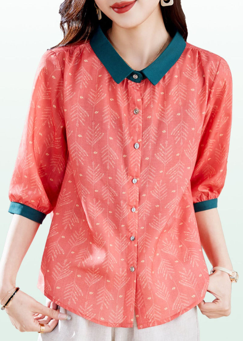 Red Peter Pan Collar Print Patchwork Linen Shirts Top Summer