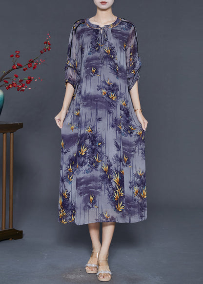 French Purple O-neck Print Chiffon Dresses Bracelet Sleeve