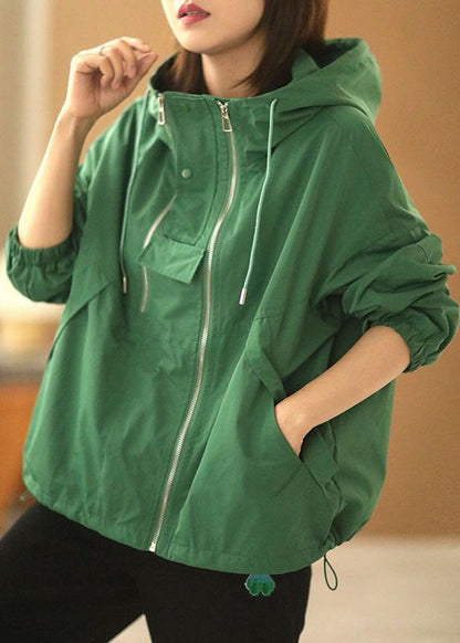 Green Oversized Zippered Drawstring Cotton Hooded Coat Long Sleeve