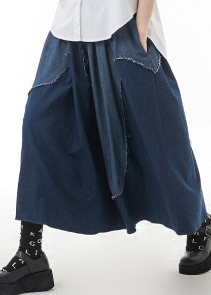 Classy Blue Elastic Waist Patchwork Denim Skirts Spring
