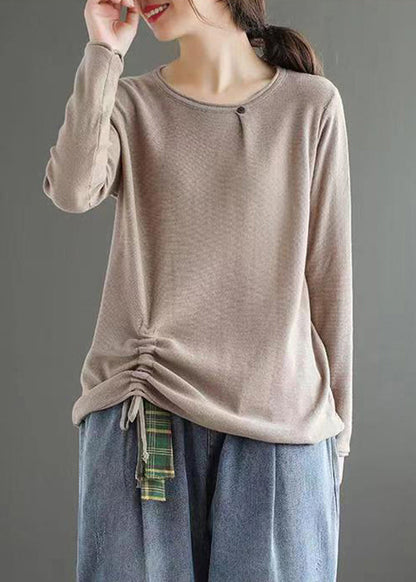 Light Camel O Neck Drawstring Patchwork Cotton Top Fall