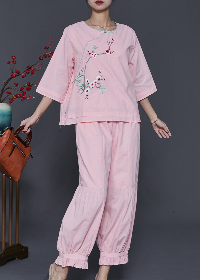 Pink Embroidered Patchwork Cotton Two-piece Set Spring